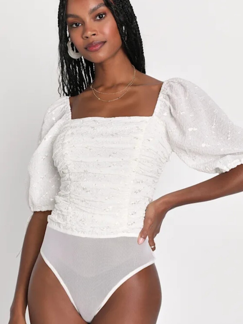 NWT Lulus Think of Me Floral Embroidered Ruched Bodysuit White Puff Sleeve XL